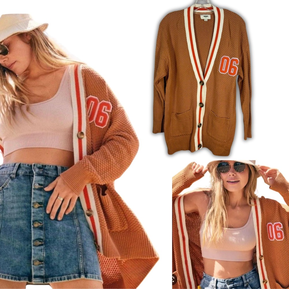 Aerie Varsity Cardigan Sweater Brown Orange 06 Patch XS Oversized Collegiate